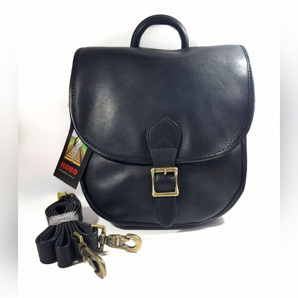 HOBO International Black Leather Saddle Bag Crossbody Backpack Brass Accents NWT - Picture 16 of 16